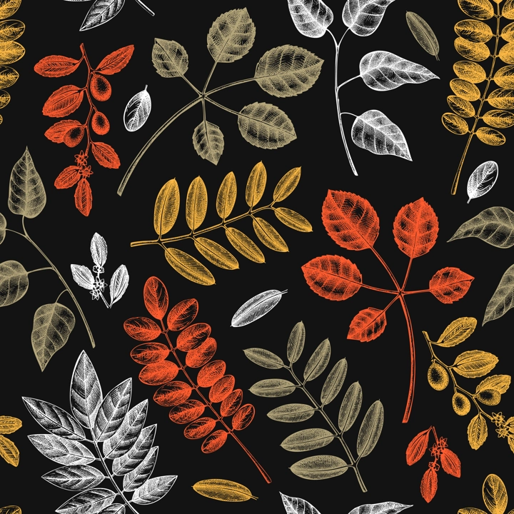 Autumn leaves seamless pattern. With hand sketched forest plants and foliage illustrations. Perfect for invitation, textile, wrapping, packaging. Elegant autumn backdrop